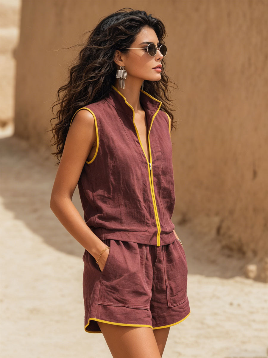 Color-blocked Cotton Linen Stand-up Collar Zip-up Sleeveless Top And Shorts Set
