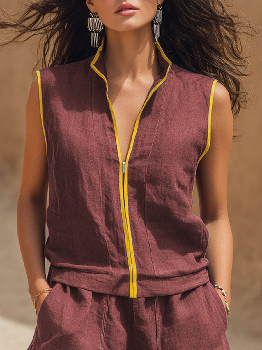Color-blocked Cotton Linen Stand-up Collar Zip-up Sleeveless Top And Shorts Set