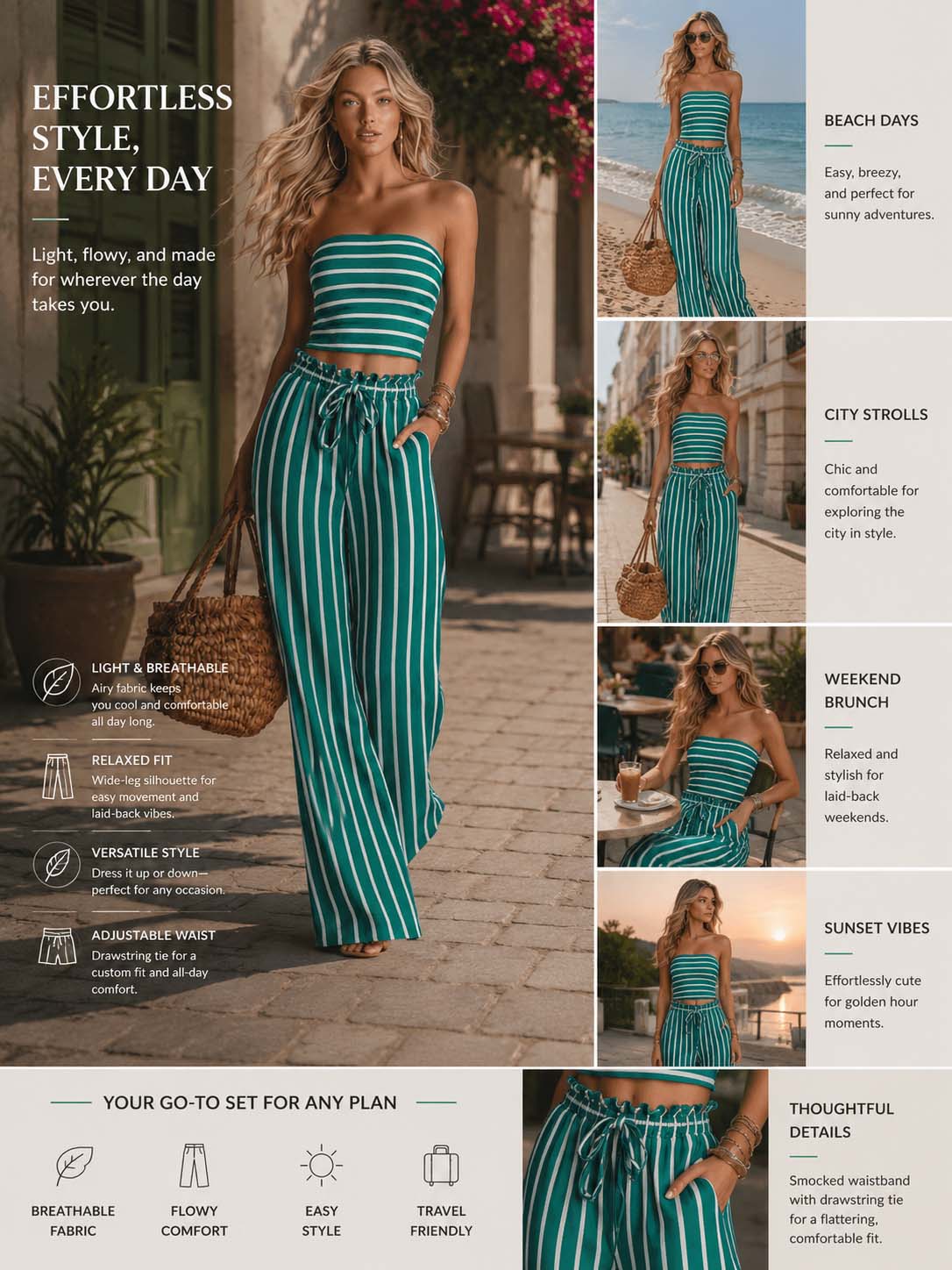Riviera Emerald Stripe Pant Set Effortless Coastal Glam