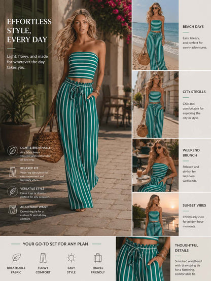 Riviera Emerald Stripe Pant Set Effortless Coastal Glam