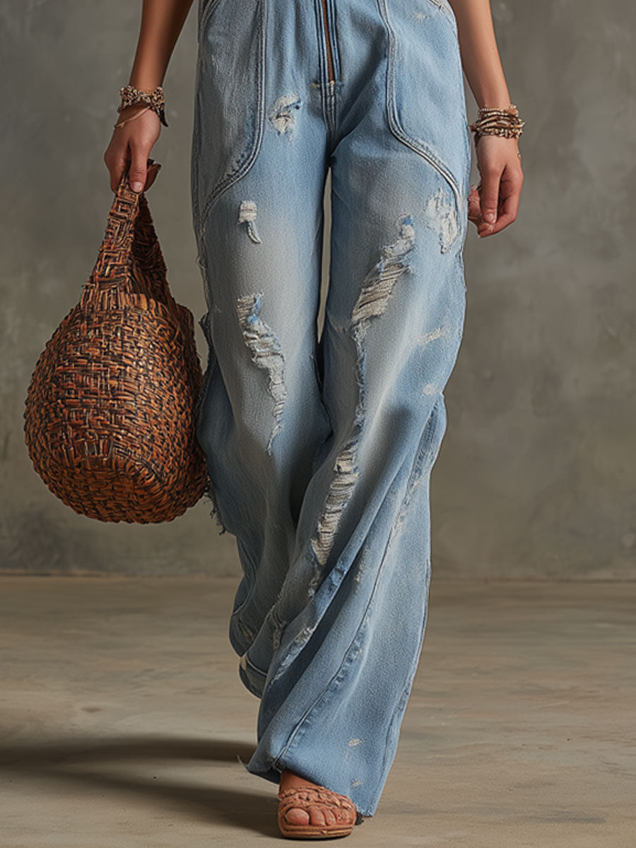 Western Retro American Flag Ripped Light Blue Denim Sleeveless Jumpsuit