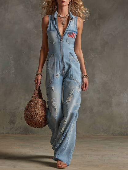 Western Retro American Flag Ripped Light Blue Denim Sleeveless Jumpsuit