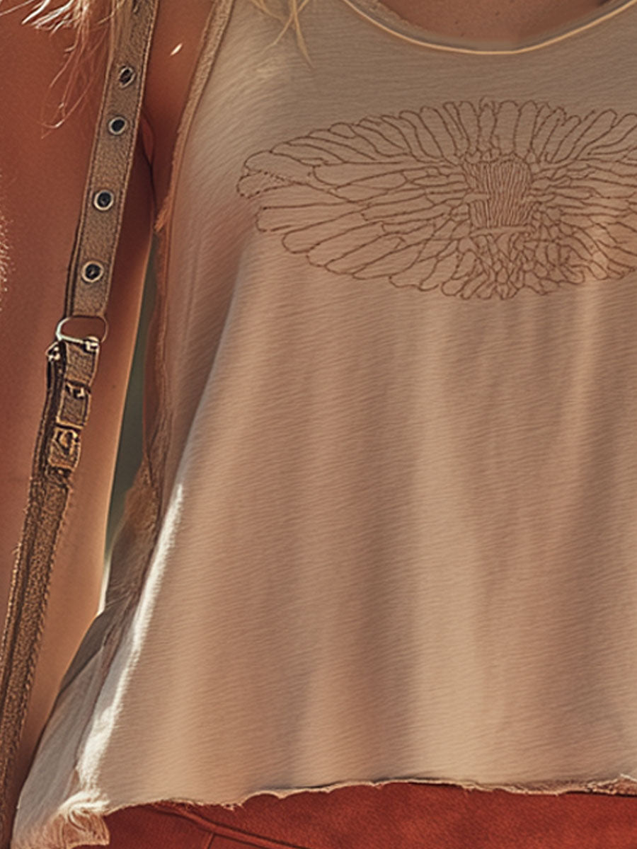 Western Retro Embroidery Light Khaki Sleeveless T-Shirt