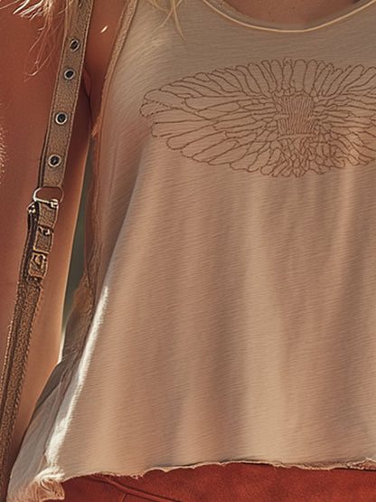 Western Retro Embroidery Light Khaki Sleeveless T-Shirt