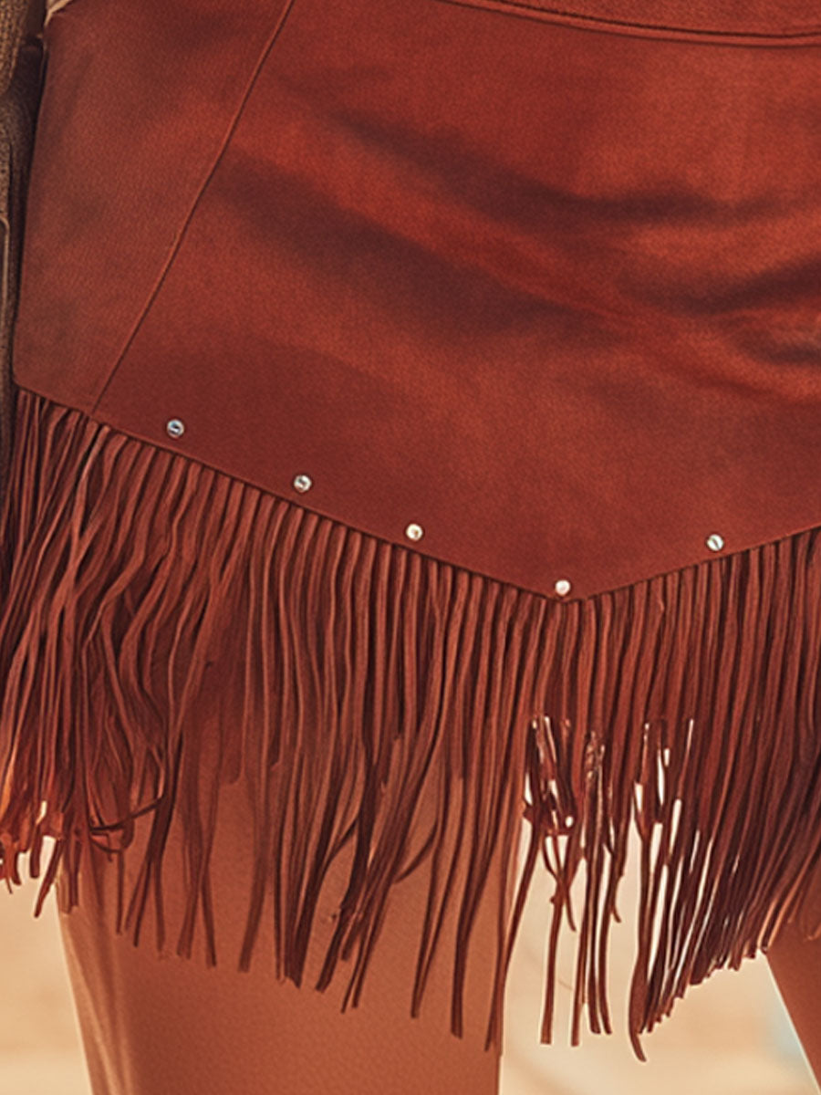 Western-style Retro Tassel Red Rhinestone Faux Suede Midi Skirt