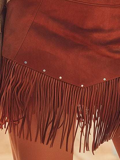 Western-style Retro Tassel Red Rhinestone Faux Suede Midi Skirt