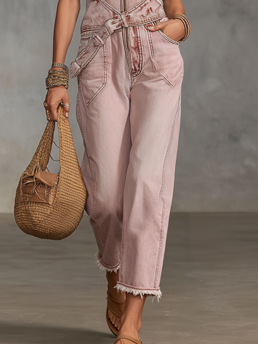 Western Retro Lace-up Pink Denim Overalls With Frayed Edges