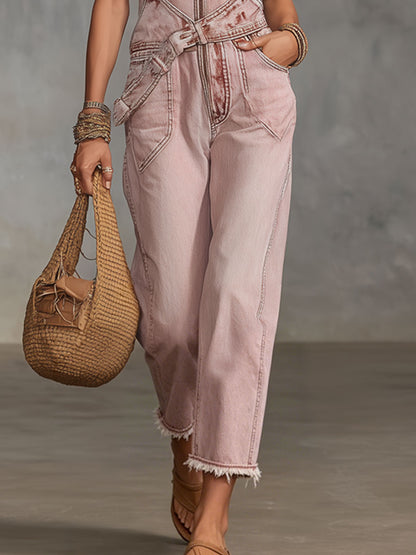 Western Retro Lace-up Pink Denim Overalls With Frayed Edges