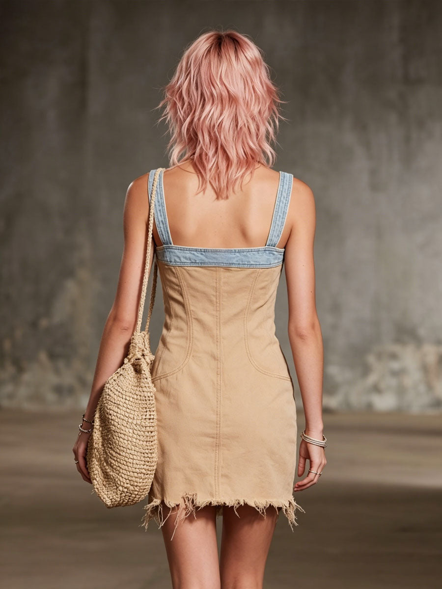 Western Retro Blue And Light Camel Denim Frayed Suspender Mini Dress