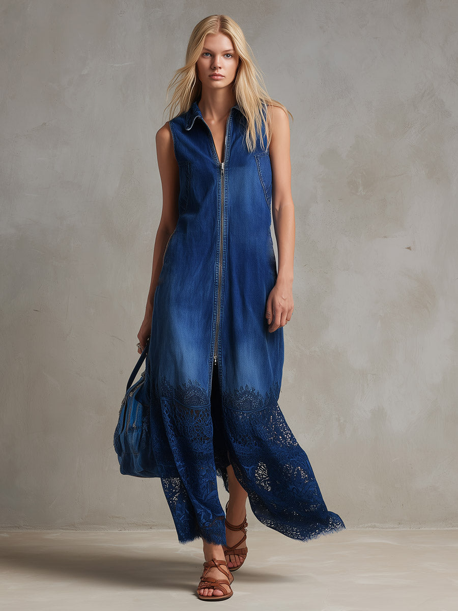 Chic Urban Silhouette Bright Blue Denim And Lace Patchwork Maxi Dress