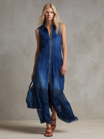 Chic Urban Silhouette Bright Blue Denim And Lace Patchwork Maxi Dress
