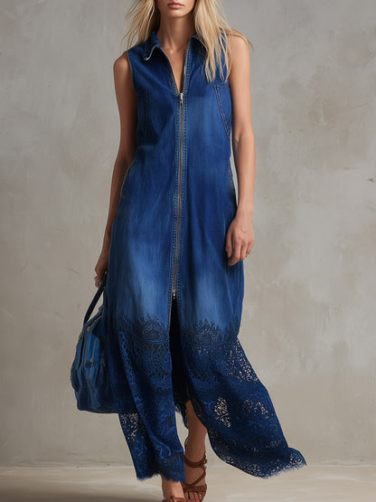 Chic Urban Silhouette Bright Blue Denim And Lace Patchwork Maxi Dress