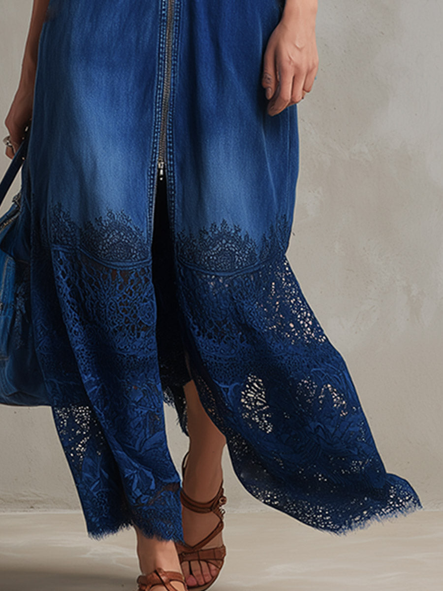 Chic Urban Silhouette Bright Blue Denim And Lace Patchwork Maxi Dress