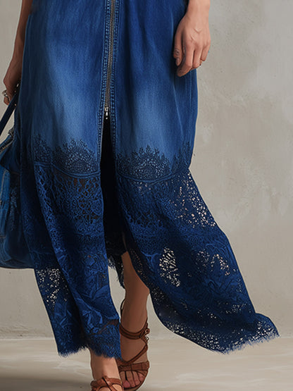 Chic Urban Silhouette Bright Blue Denim And Lace Patchwork Maxi Dress