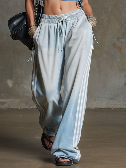 Retro Sporty White Woven Light Blue Wide-leg Jeans