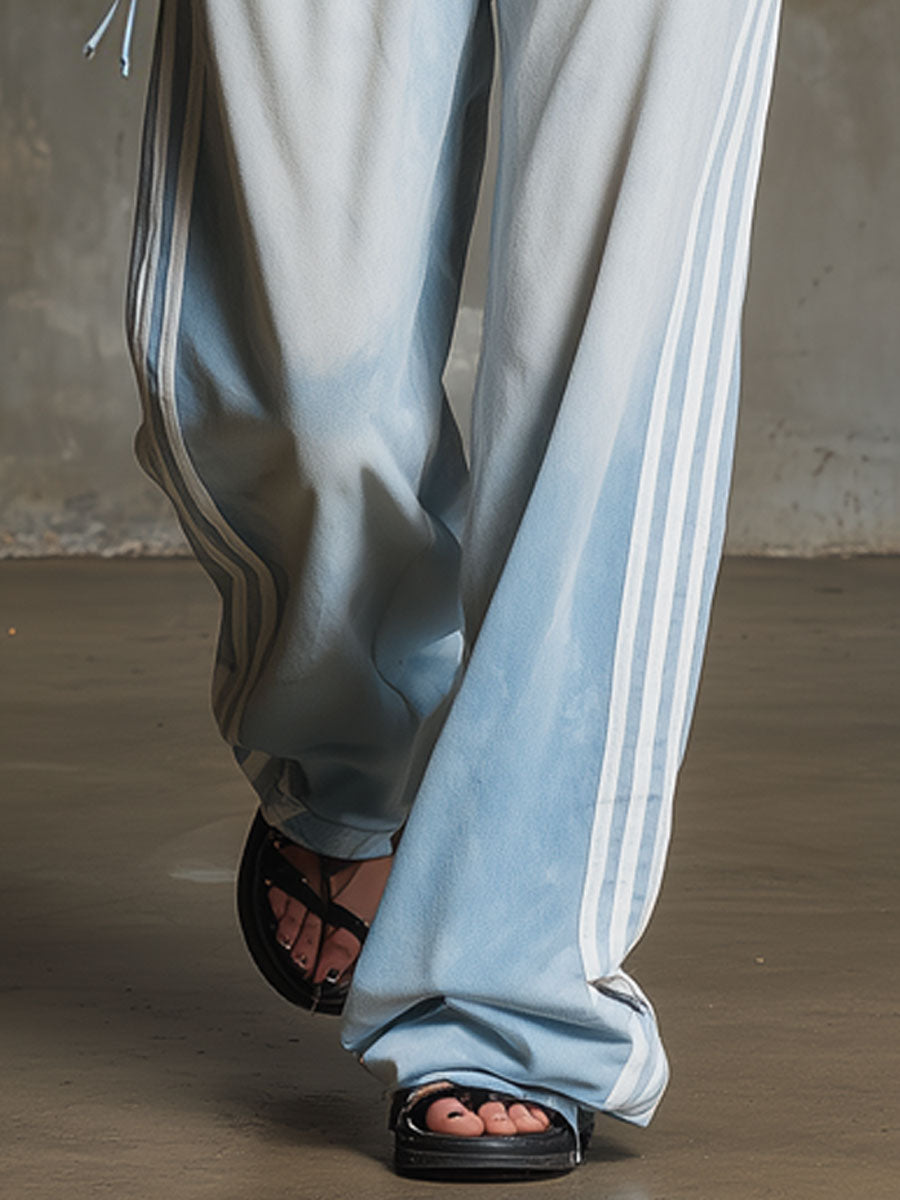 Retro Sporty White Woven Light Blue Wide-leg Jeans