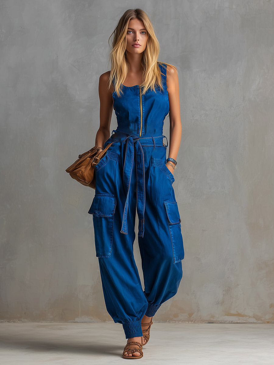 Edgy &amp; Casual Bright Blue Denim Multi-Pocket Jumpsuit