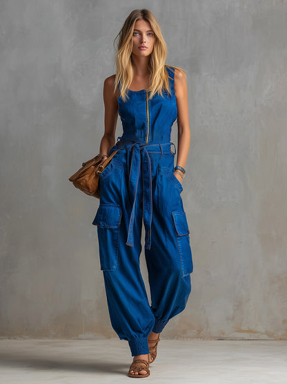 Edgy &amp; Casual Bright Blue Denim Multi-Pocket Jumpsuit