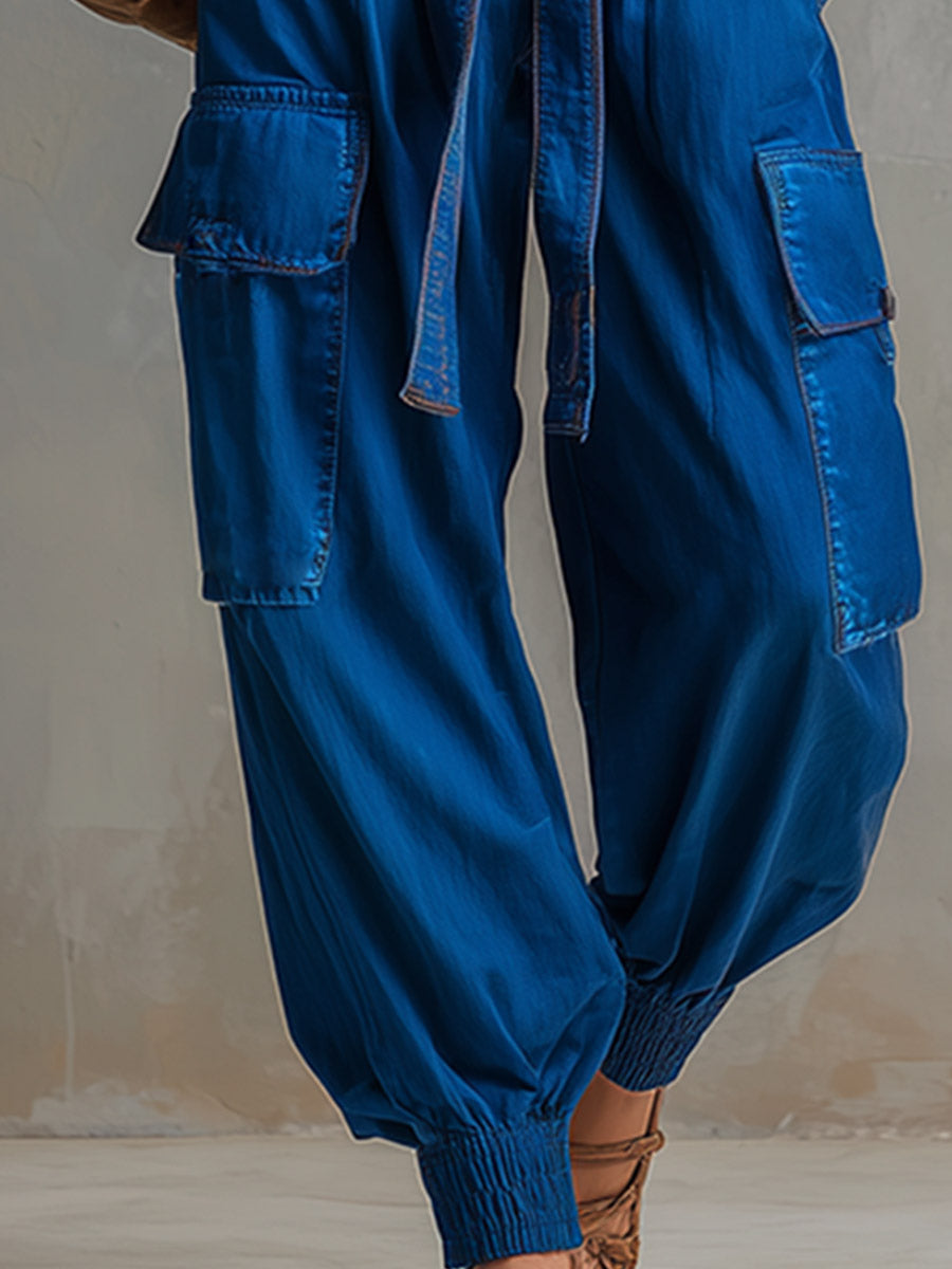 Edgy &amp; Casual Bright Blue Denim Multi-Pocket Jumpsuit