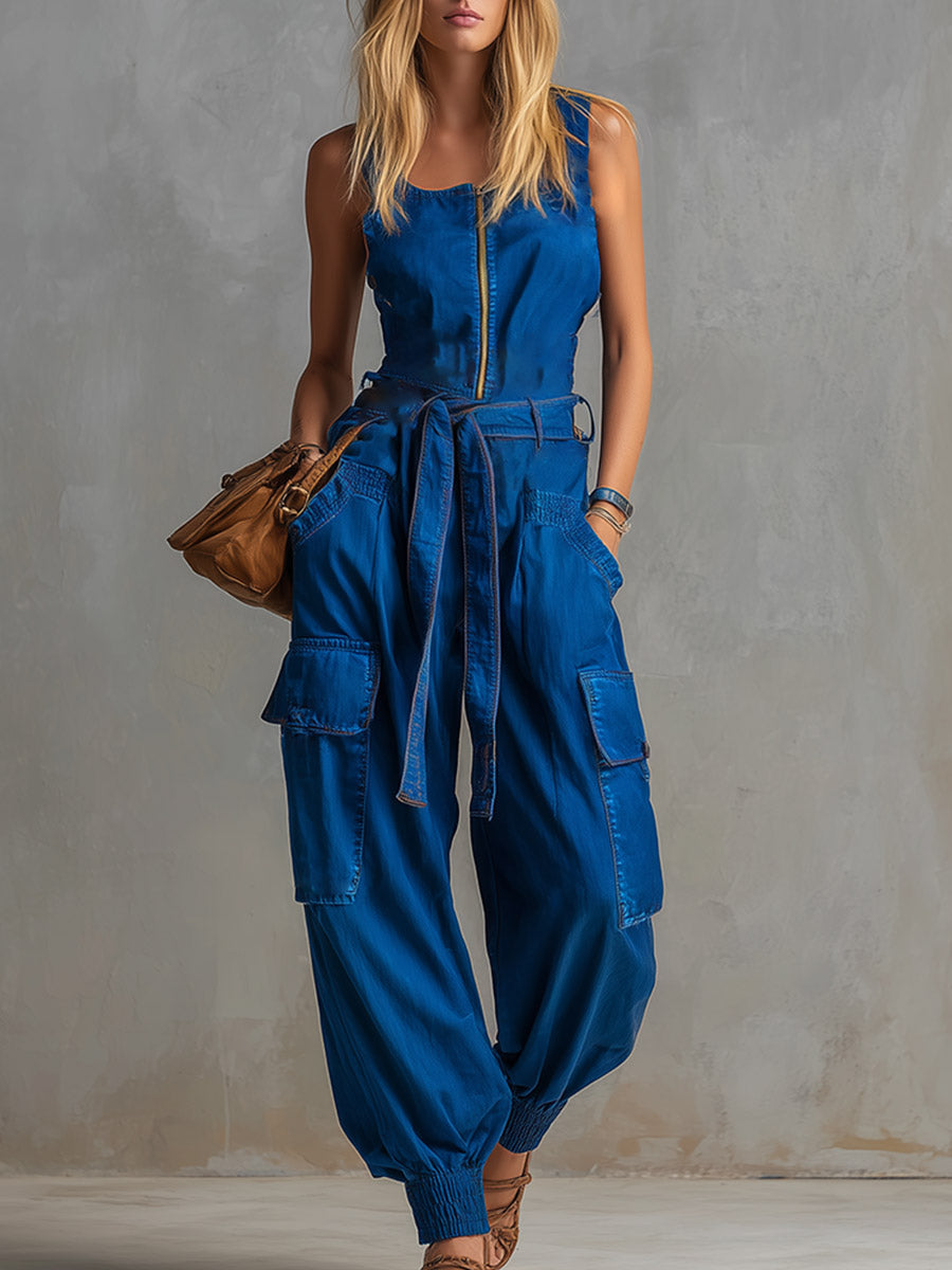 Edgy &amp; Casual Bright Blue Denim Multi-Pocket Jumpsuit