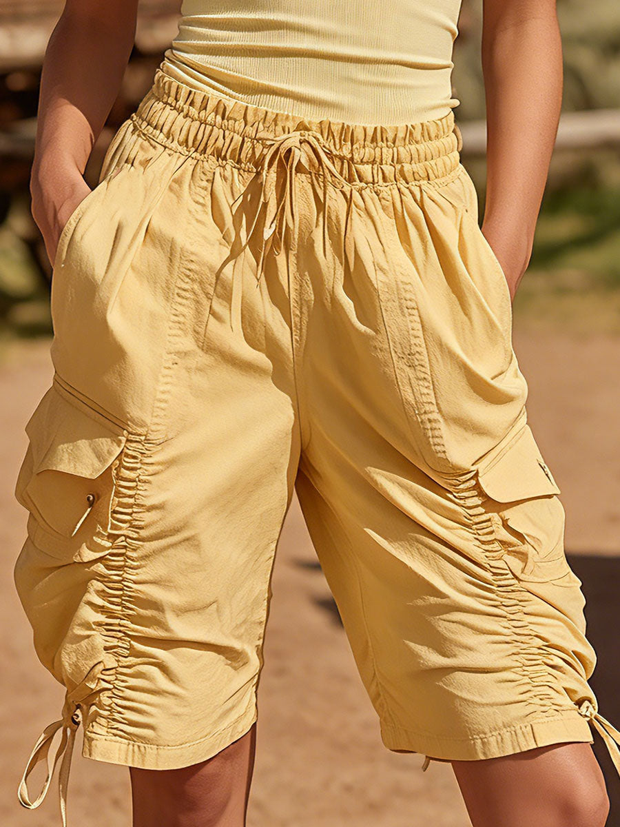 Retro-Casual Yellow Knitted Short-Sleeve T-Shirt And Cotton-Linen Cargo Shorts Set