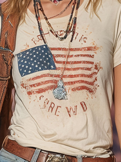 Western Retro American Flag Print Short-Sleeve Crew Neck Cotton T-Shirt