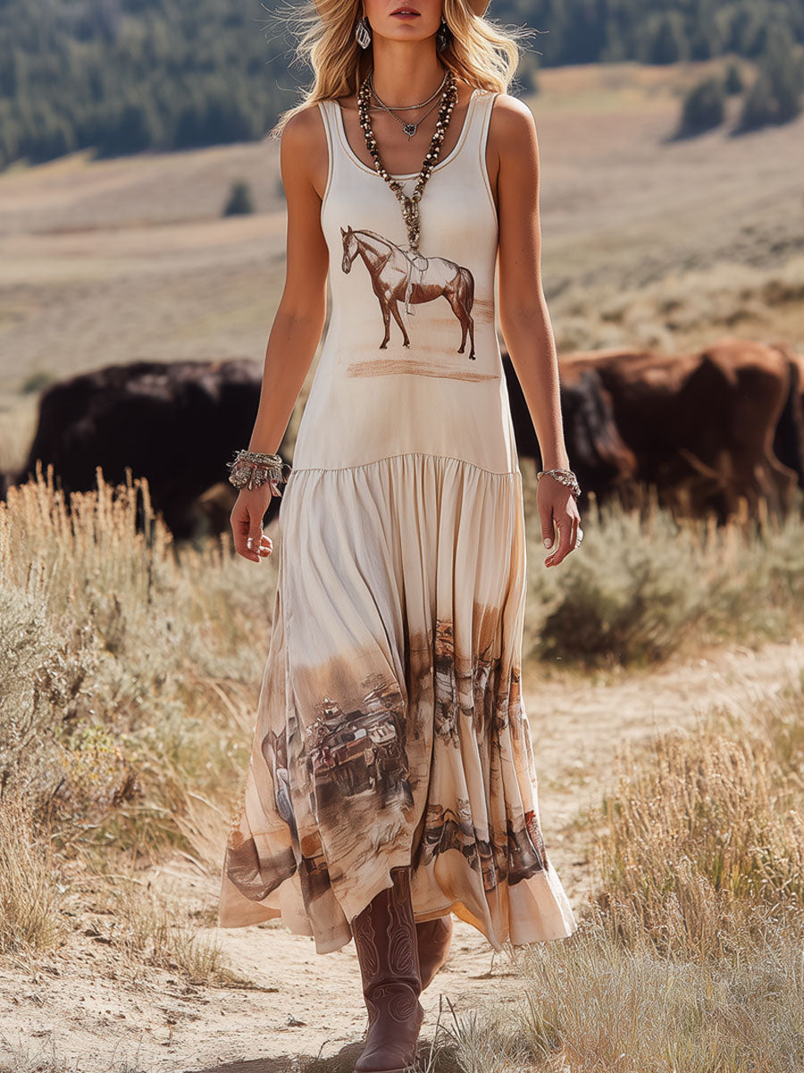 Western Retro Print Pleated Apricot Cotton Round Neck Sleeveless Maxi Dress