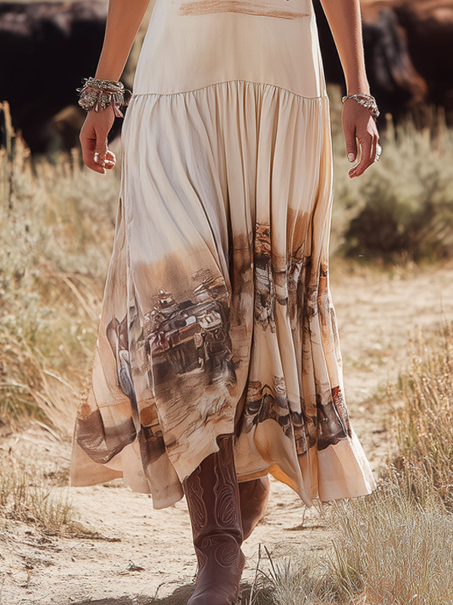 Western Retro Print Pleated Apricot Cotton Round Neck Sleeveless Maxi Dress
