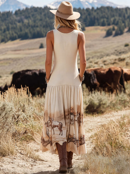 Western Retro Print Pleated Apricot Cotton Round Neck Sleeveless Maxi Dress