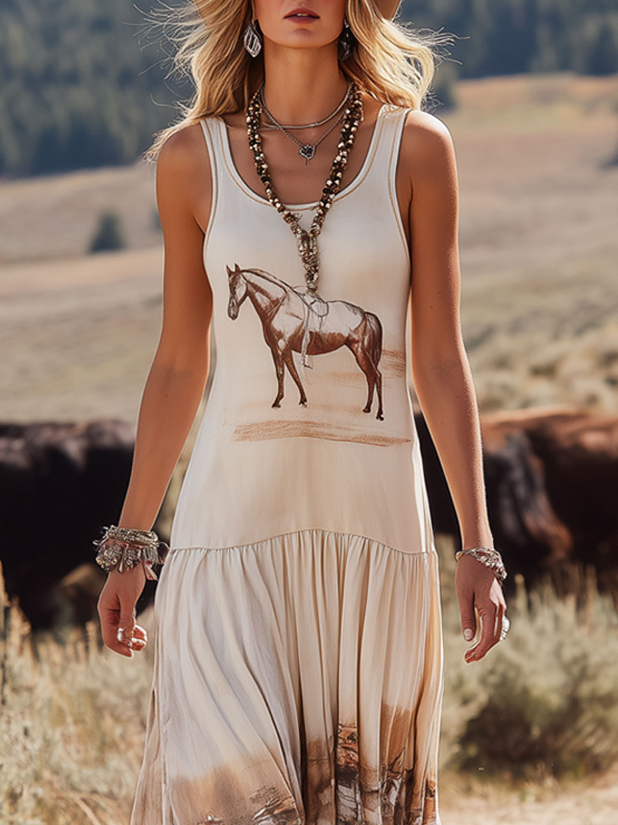 Western Retro Print Pleated Apricot Cotton Round Neck Sleeveless Maxi Dress