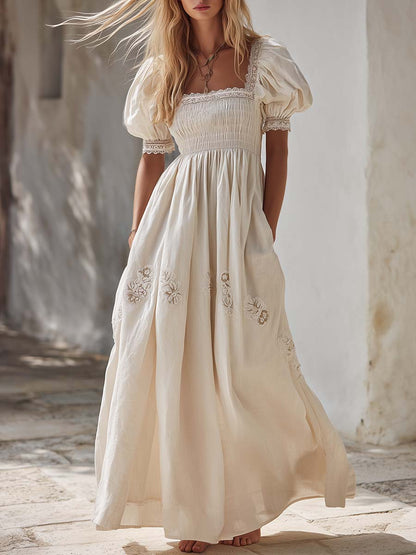 Ivory Cotton Linen Cottage Maxi Dress Romantic European Charm