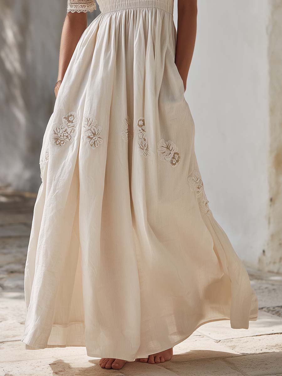 Ivory Cotton Linen Cottage Maxi Dress Romantic European Charm