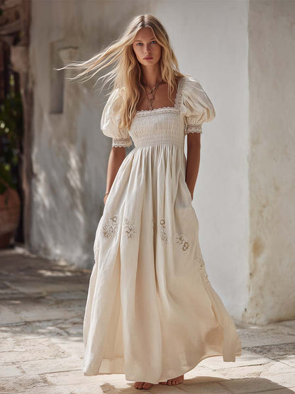 Ivory Cotton Linen Cottage Maxi Dress Romantic European Charm