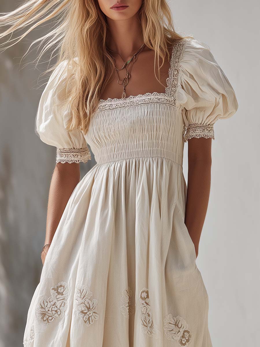 Ivory Cotton Linen Cottage Maxi Dress Romantic European Charm