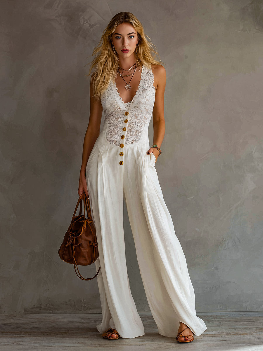 Minimalist Retro White Lace-Paneled Cotton Sleeveless Jumpsuit