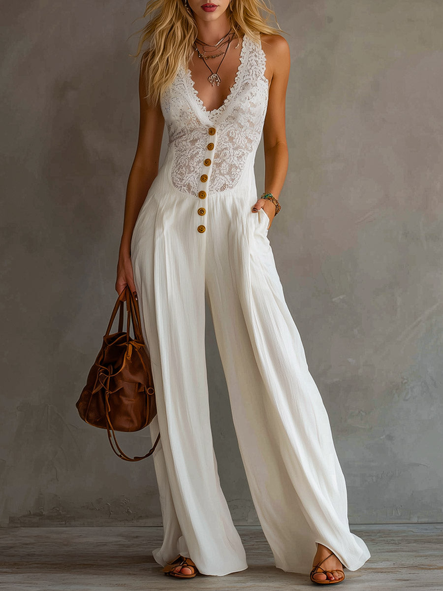 Minimalist Retro White Lace-Paneled Cotton Sleeveless Jumpsuit