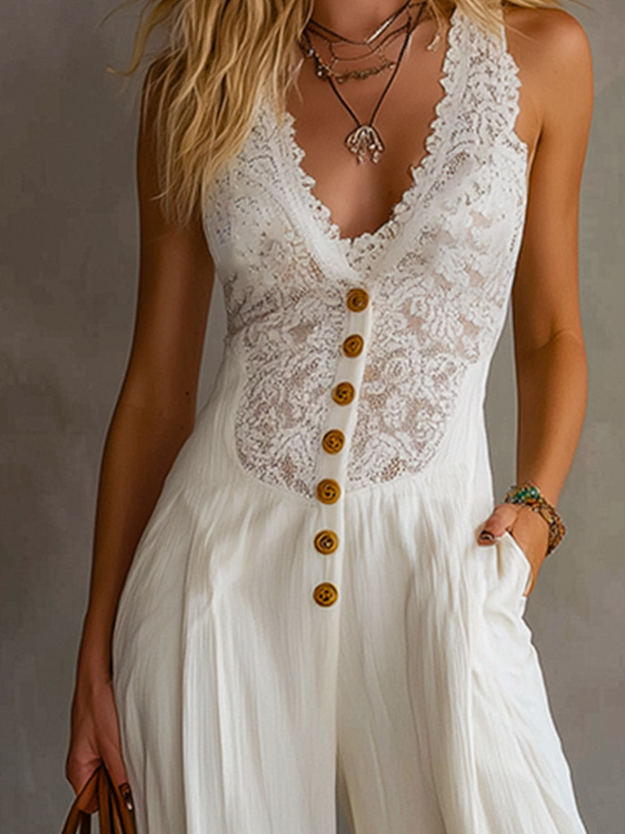 Minimalist Retro White Lace-Paneled Cotton Sleeveless Jumpsuit