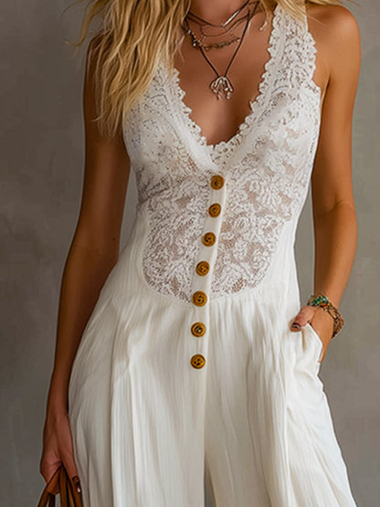 Minimalist Retro White Lace-Paneled Cotton Sleeveless Jumpsuit