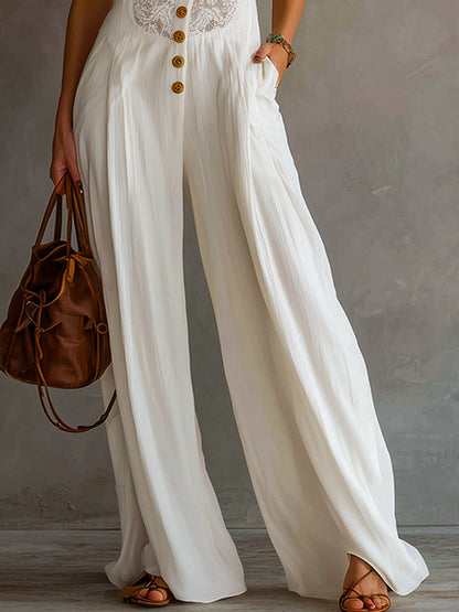Minimalist Retro White Lace-Paneled Cotton Sleeveless Jumpsuit