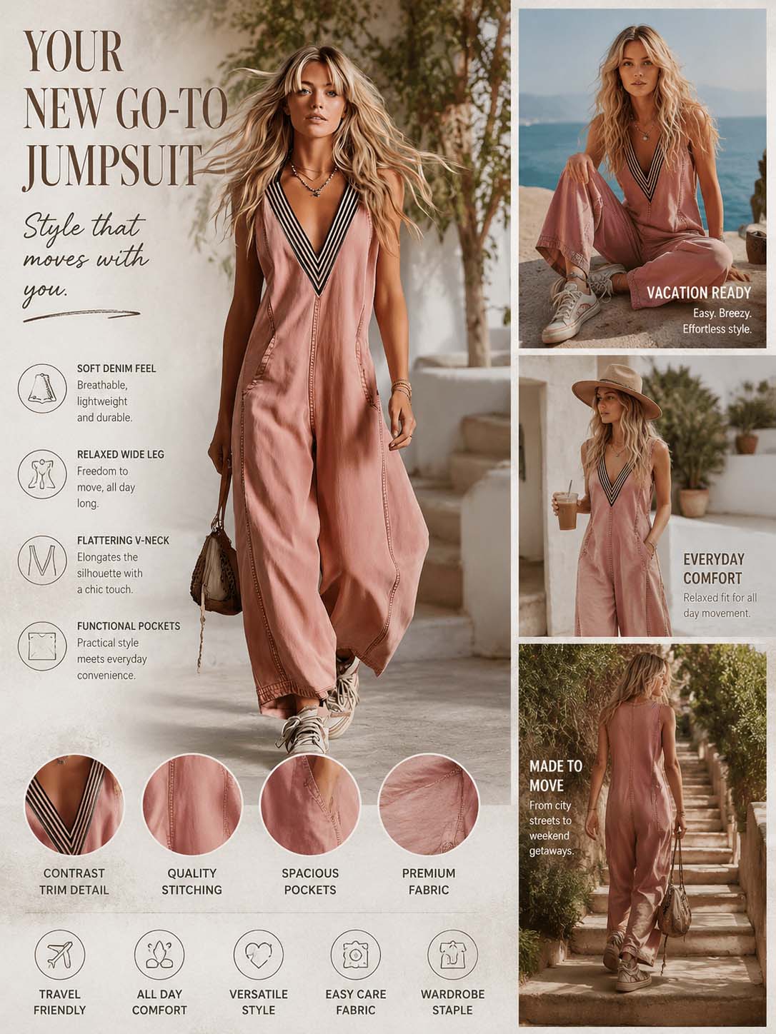Dusty Rose Denim Jumpsuit Effortless Boho Ease