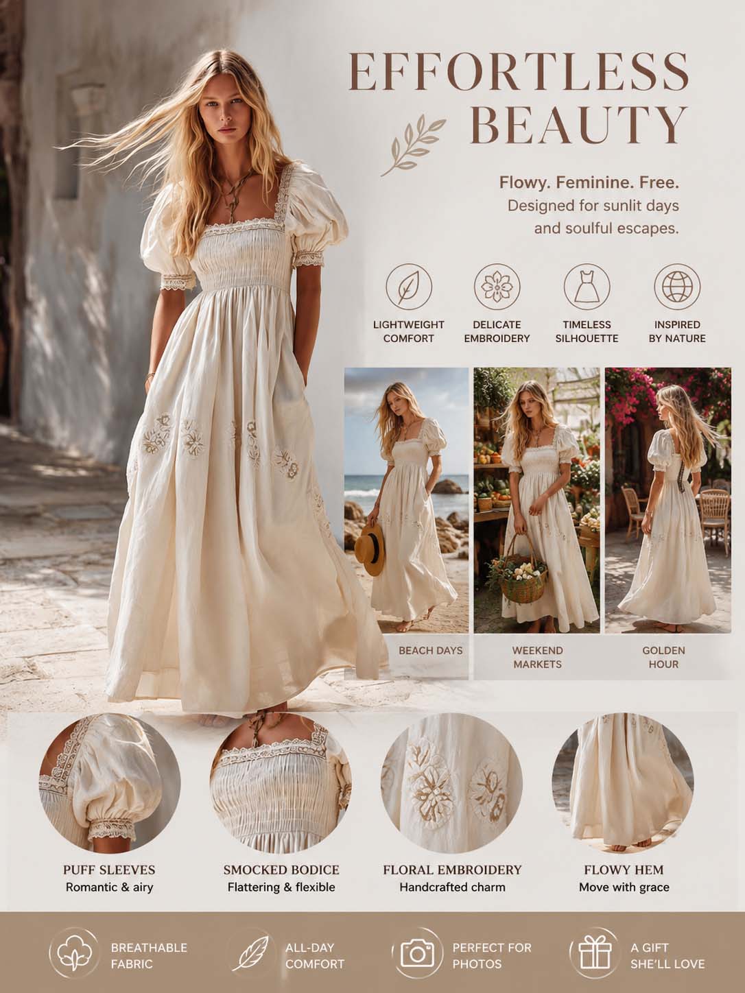 Ivory Cotton Linen Cottage Maxi Dress Romantic European Charm