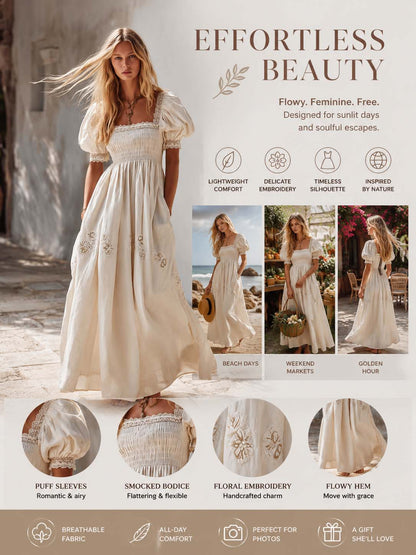 Ivory Cotton Linen Cottage Maxi Dress Romantic European Charm