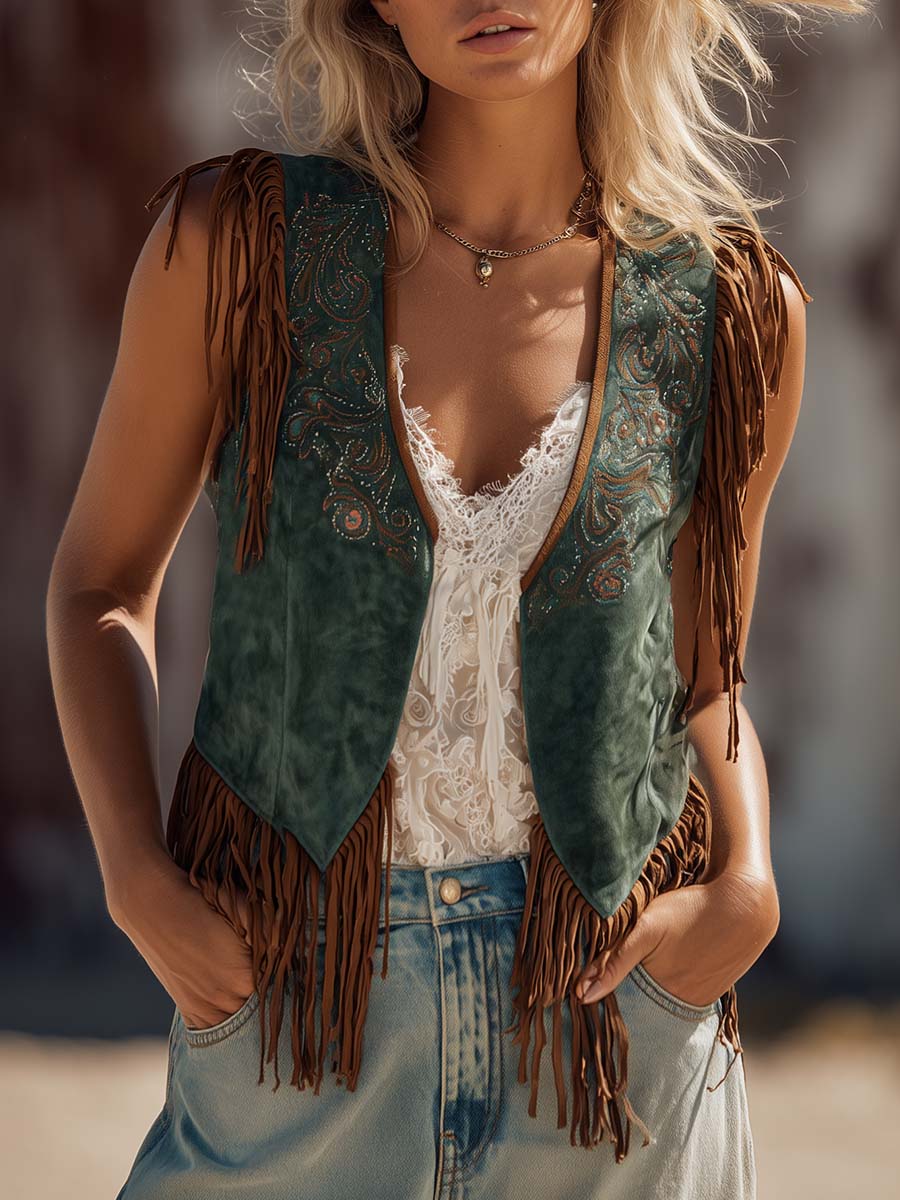 Vintage Western Embroidered V-Neck Emerald Faux Suede Fringe Vest