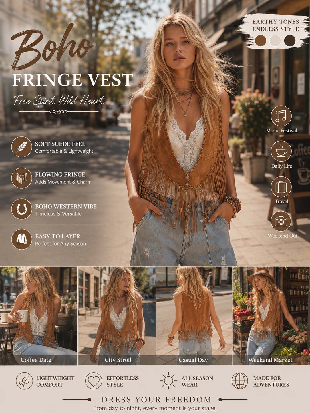 Vintage Versatile Western-Style Desert Tan Fringe Faux Suede Vest