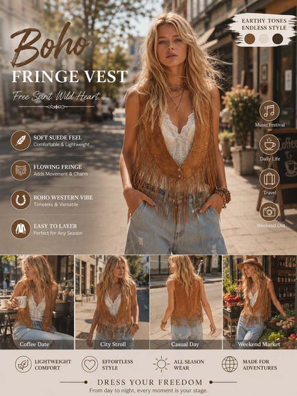 Vintage Versatile Western-Style Desert Tan Fringe Faux Suede Vest