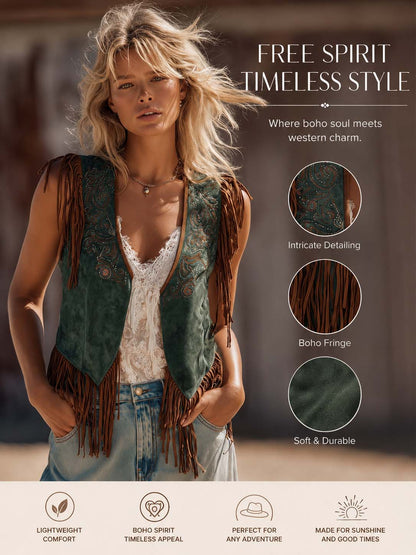 Vintage Western Embroidered V-Neck Emerald Faux Suede Fringe Vest