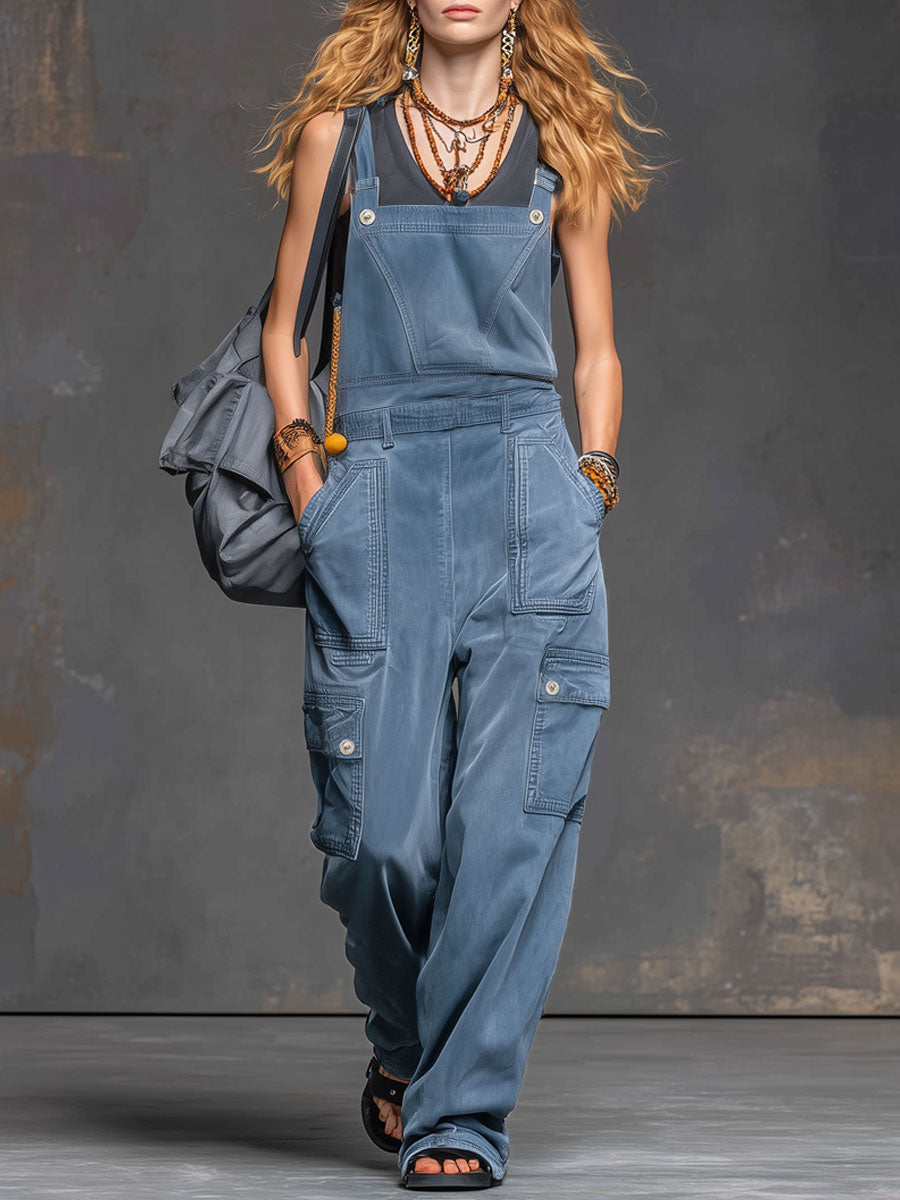 Casual Sporty Retro Blue Denim Knit Overalls Wide-Leg Jumpsuit
