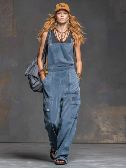 Casual Sporty Retro Blue Denim Knit Overalls Wide-Leg Jumpsuit