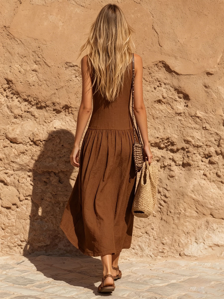 Round Neck Sleeveless Cotton Linen Low Waist Midi Dress