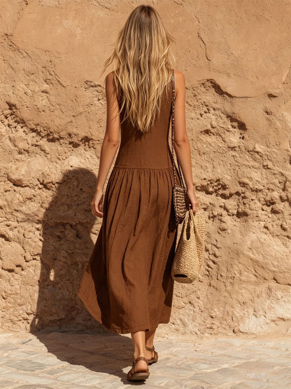 Round Neck Sleeveless Cotton Linen Low Waist Midi Dress